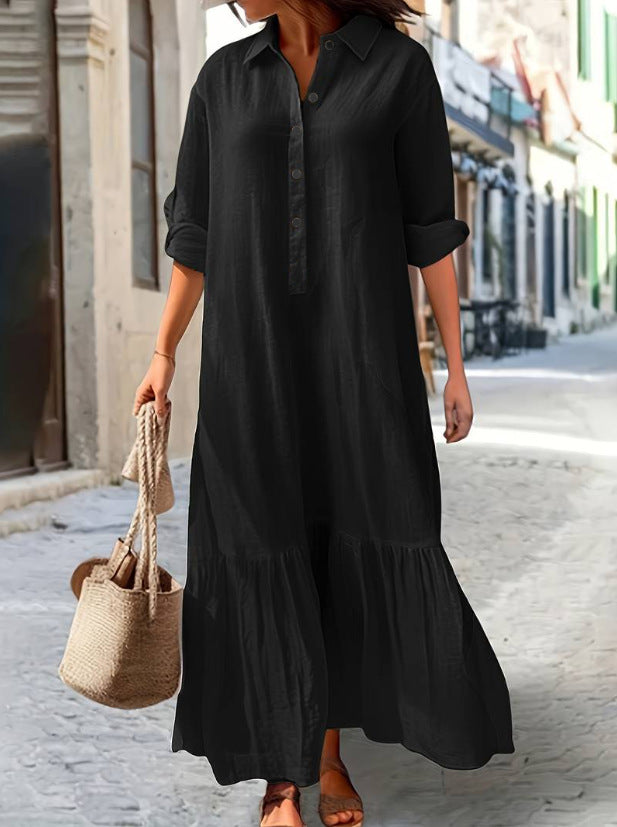 Vestido largo informal de algodón y lino con solapa para mujer, talla grande
