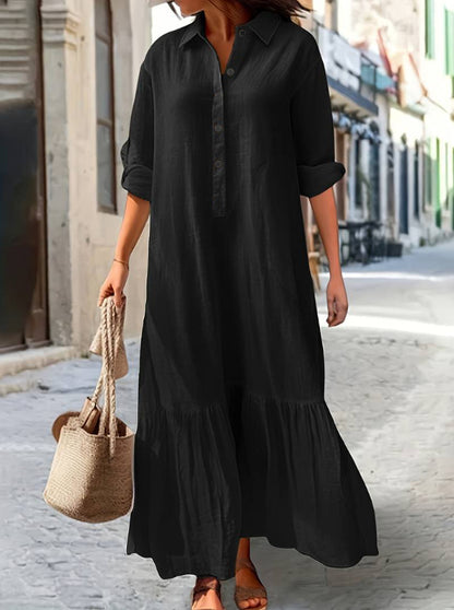 Vestido largo informal de algodón y lino con solapa para mujer, talla grande