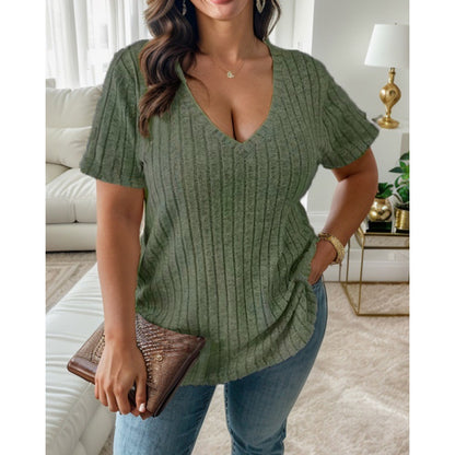 Women Casual Plus Size Solid Color Stripe V-Neck Short-Sleeve T-Shirt