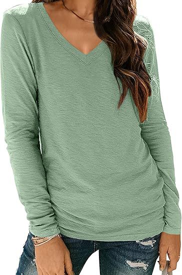Camiseta informal de manga larga con cuello en V y color liso para mujer
