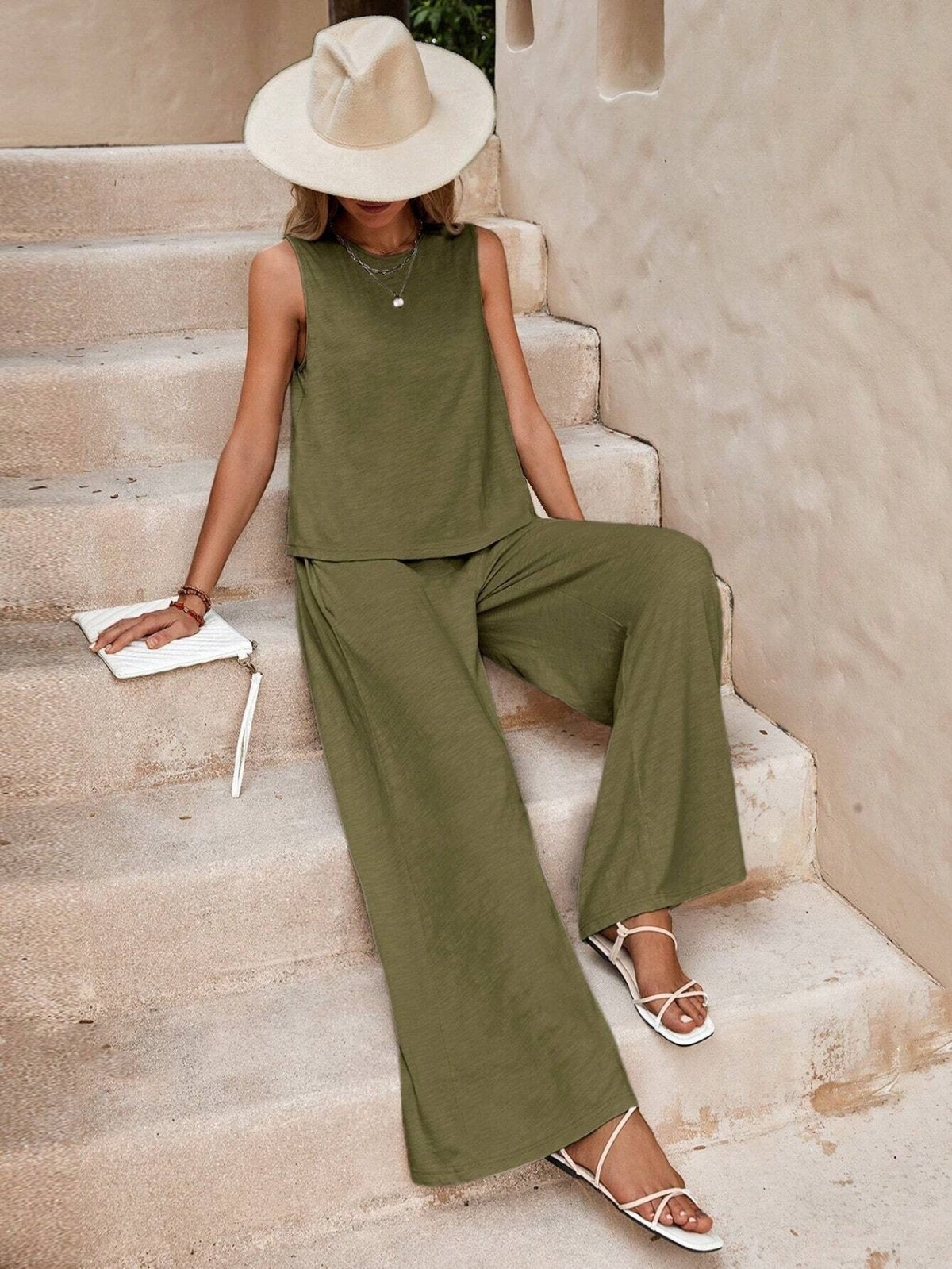 Conjunto de dos piezas para mujer: top sin mangas y pantalón ancho de color liso informal