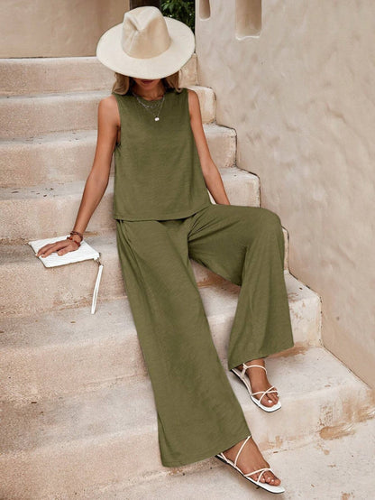 Conjunto de dos piezas para mujer: top sin mangas y pantalón ancho de color liso informal