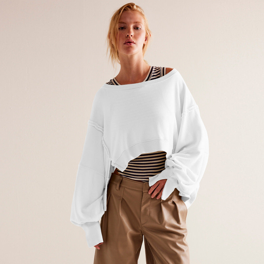 Sudadera corta informal de manga larga con cuello redondo y color liso para mujer