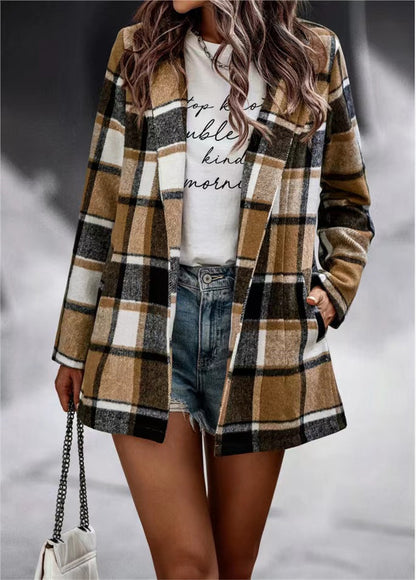 Chaqueta de punto de manga larga con bolsillo y estampado a cuadros holgado e informal de invierno para mujer
