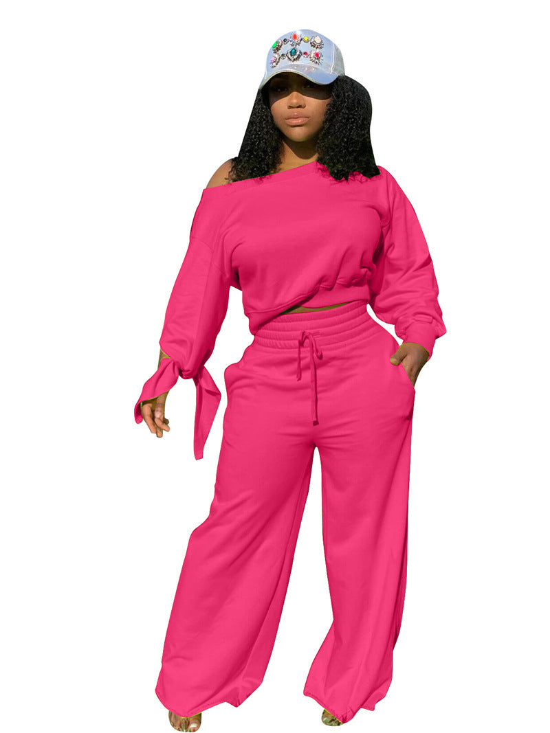 Conjunto de sudadera y pantalones de manga larga de color liso informal a la moda para mujer