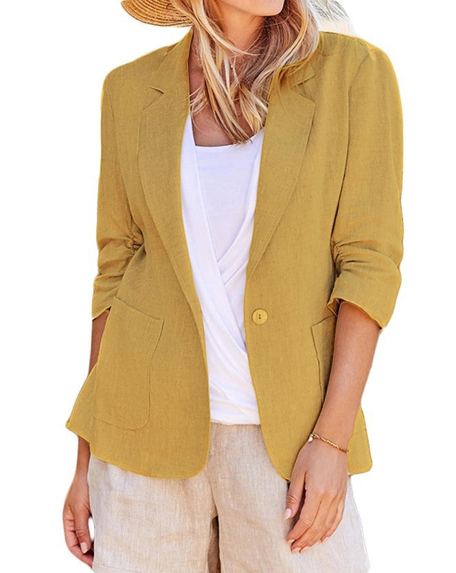 Chaqueta blazer informal de manga larga con solapa y botonadura sencilla de color liso para mujer