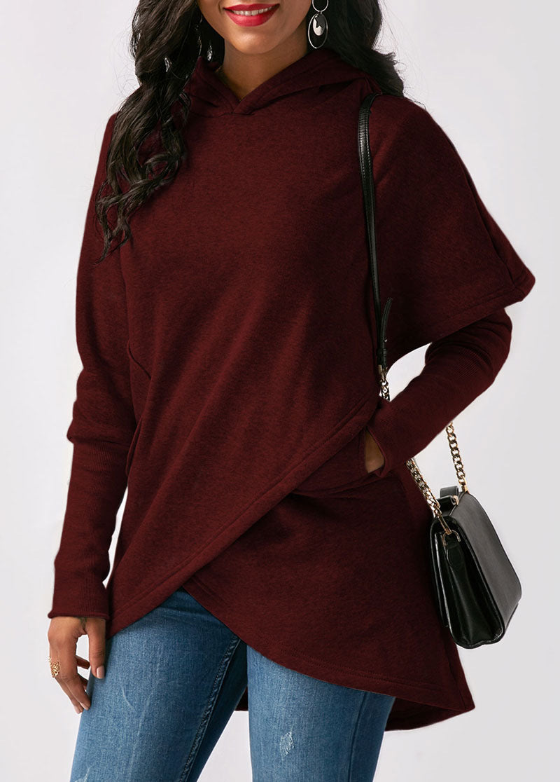 Sudadera con capucha de manga larga con dobladillo irregular y color liso informal para mujer