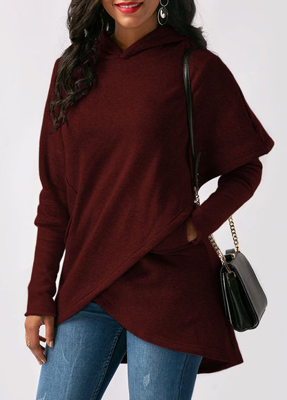 Sudadera con capucha de manga larga con dobladillo irregular y color liso informal para mujer