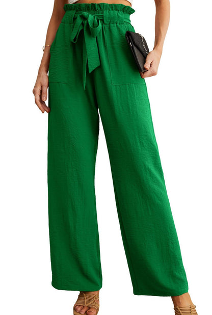 Women Fashion Casual Solid Color Pocket Lace-Up Wide Leg High Waist Pants