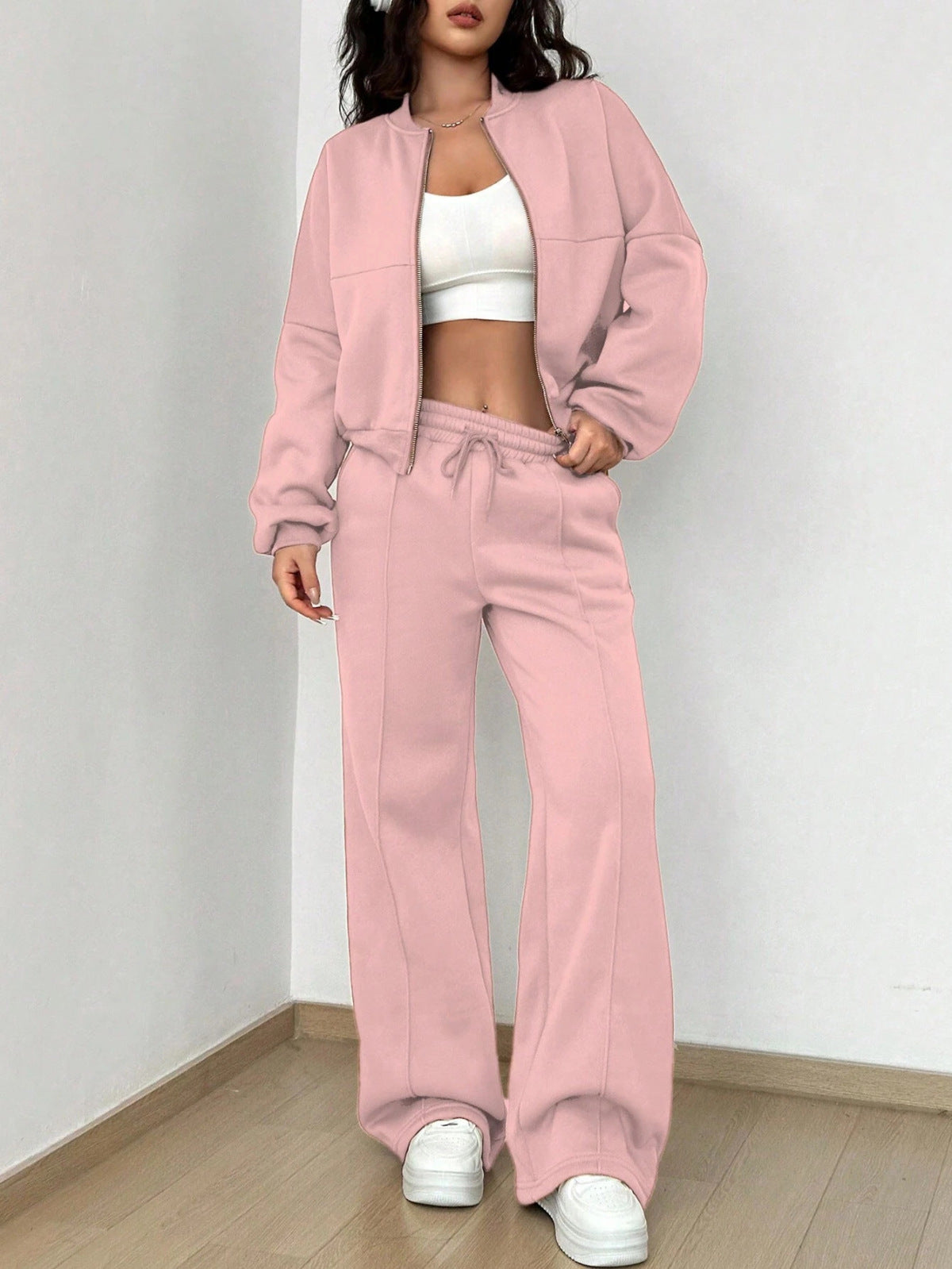 Conjunto informal de dos piezas con top y pantalón con cremallera para mujer