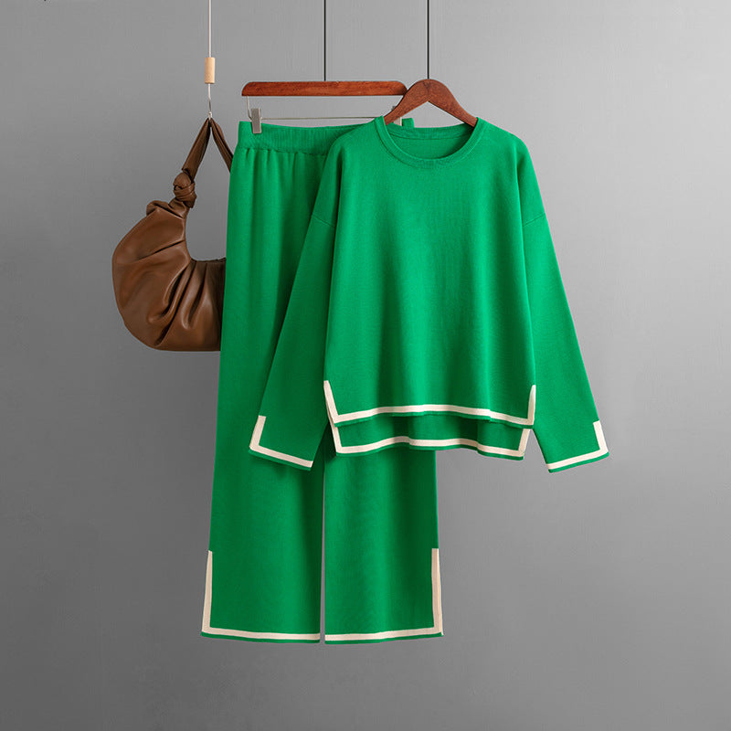 Conjunto de dos piezas de pantalón ancho de punto de manga larga con abertura en contraste para mujer, informal, para otoño e invierno