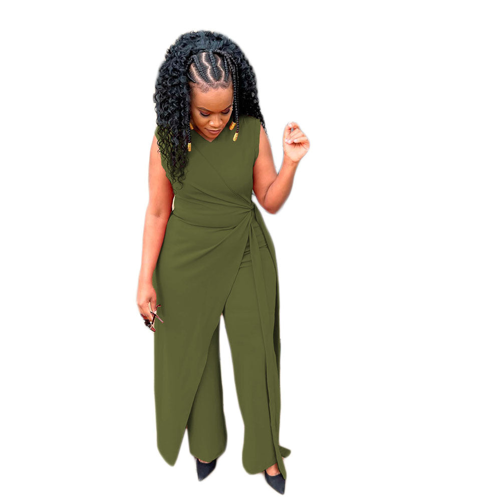 Conjunto de dos piezas formado por top y pantalón sin mangas, informal, irregular, a la moda para mujer