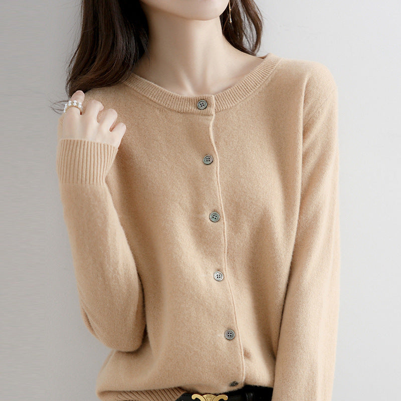 Women'S Elegant Office Chic Solid Color Rib-Knit Round Neck Long Sleeve Casual Knitted Sweater Coats
