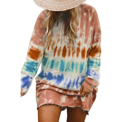 Women Fashion Casual Tie-Dye Printed Loose Long Sleeve Dress