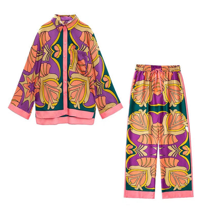 Conjunto de 2 piezas formado por blusa y pantalón, camisa y pantalón, con cintura elástica y estampado informal para mujer