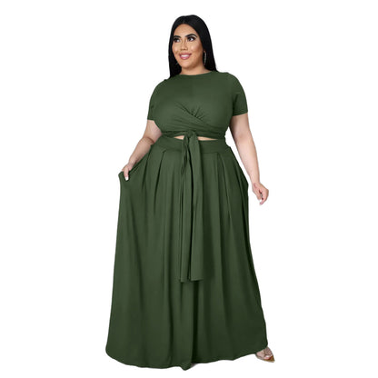 Women Fashion Casual Plus Size Solid Color Cross Strap Short-Sleeve Top Loose Skirt Two-Piece Set
