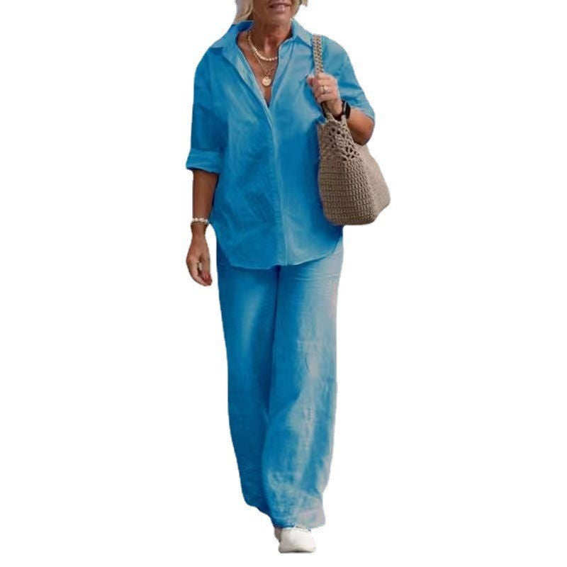 Conjunto de pantalones casuales de color sólido y pierna ancha para mujer