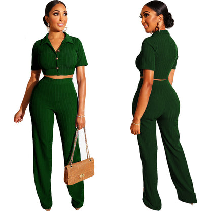 Conjunto de dos piezas de top corto de punto informal con solapa y manga corta para mujer