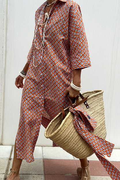 Women Fashion Casual Stripe Diamond Print Long Sleeve Shirt Dress