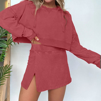 Women Fashion Casual Solid Color Long Sleeve Hooded Sweater Split Skirt Two-Piece Set