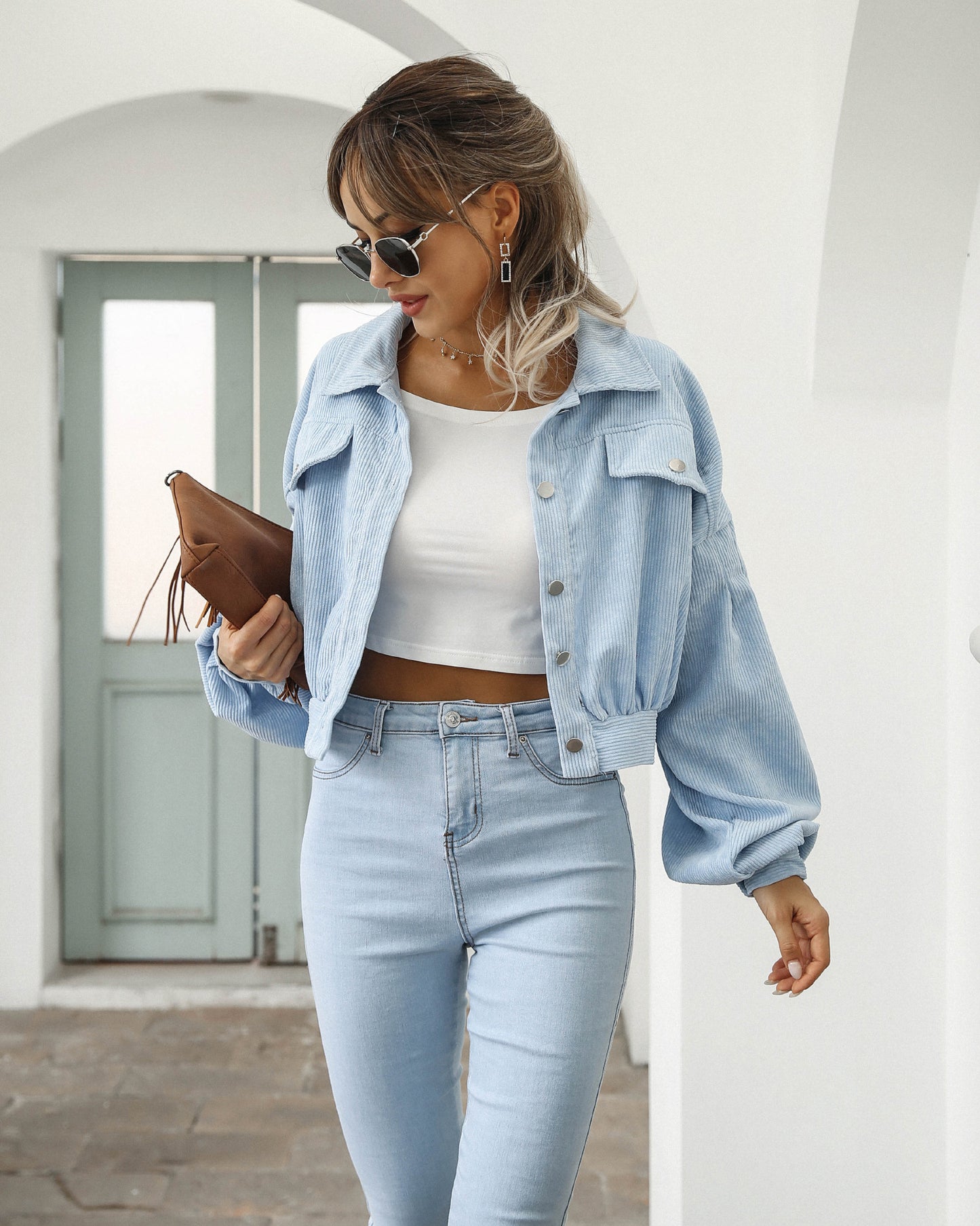 Women Fashion Casual Solid Color Corduroy Single-Breasted Sleeve Lantern Jacket