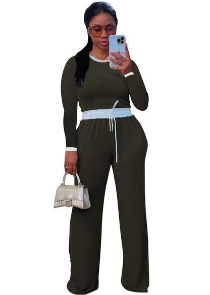 Conjunto de dos piezas informal de mujer para uso diario, con cuello redondo, manga larga y pantalón de punto acanalado en contraste de color