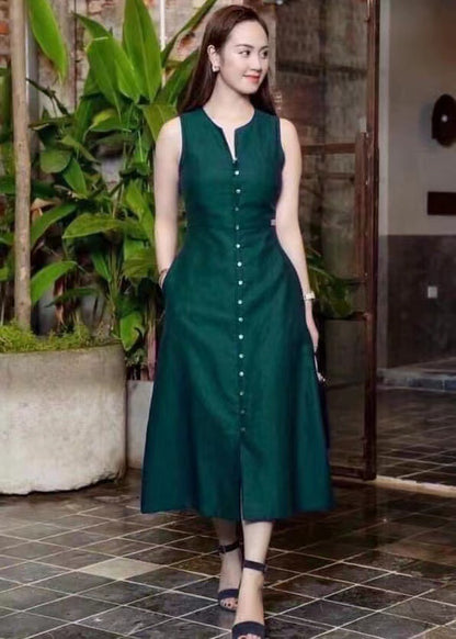 Summer Women Casual Solid Color Round Neck Sleeveless Dress