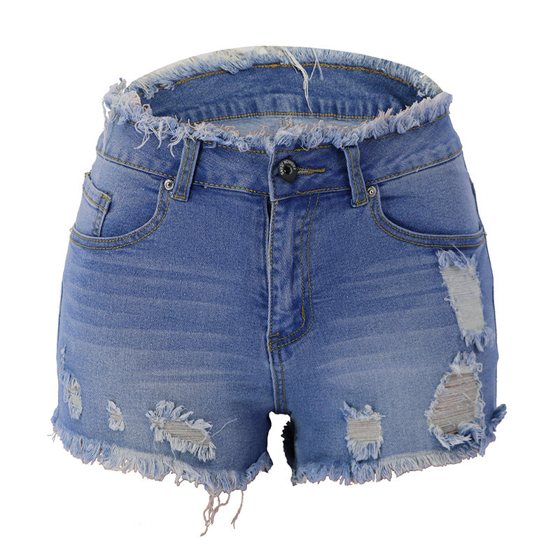 Pantalones cortos vaqueros de cintura media con borlas y cremallera rasgada para mujer