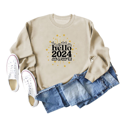 Sudadera holgada informal de color liso para mujer, con estampado de estrellas y letras 2024, cuello redondo y manga larga