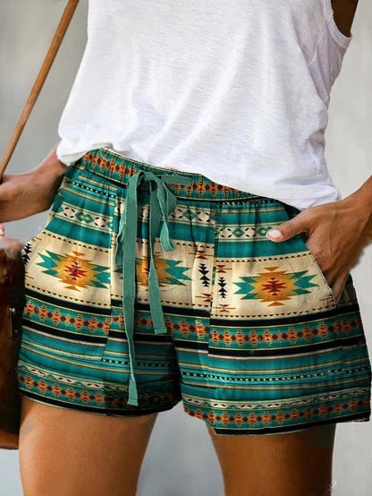 Pantalones cortos holgados con cordones y cintura alta con estampado digital informal a la moda para mujer