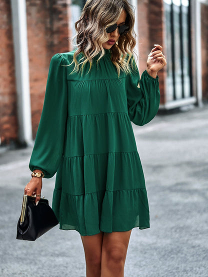 Women Casual Solid Color Stitching Round Neck Loose Long Sleeve Dress
