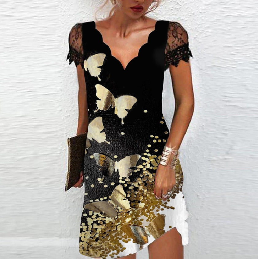 Vestido elegante informal de manga corta con estampado floral, escote en V y encaje de patchwork para mujer