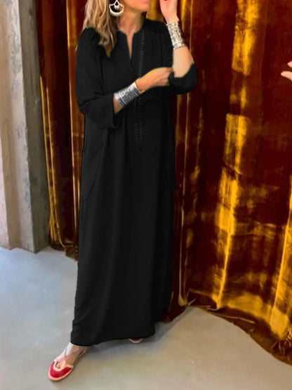 Vestido largo informal de oficina con bolsillos y escote en V, manga corta, holgado y elegante, de color liso, para mujer