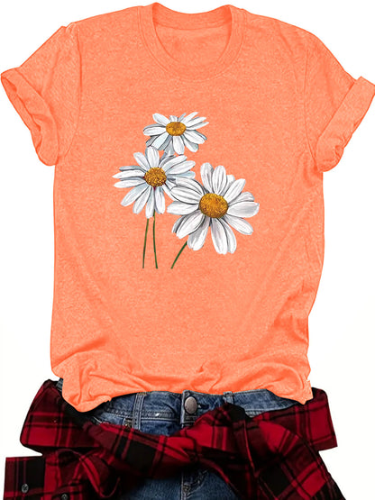 Camiseta informal de manga corta con cuello redondo y estampado de flores para mujer