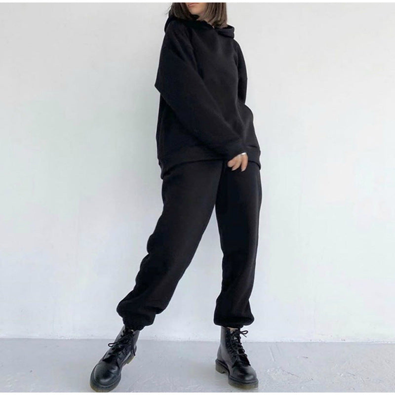 Conjunto deportivo informal de dos piezas con capucha y pantalones de manga larga de color liso para mujer