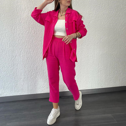 Conjunto de dos piezas de camisa y pantalones de solapa de manga larga de color liso informal para mujer