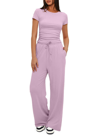 Conjunto deportivo informal de color liso para mujer, con top de manga corta y cintura alta y pantalones anchos