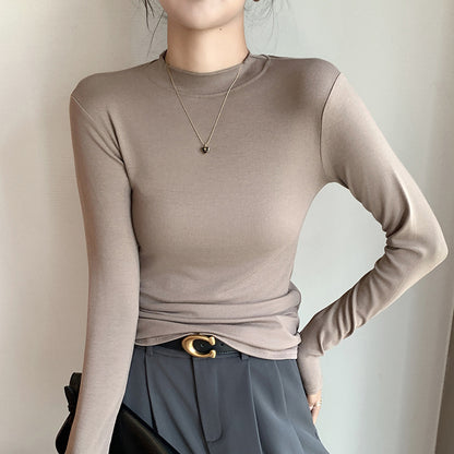 Camiseta informal de manga larga con cuello redondo, color liso y media caña para mujer