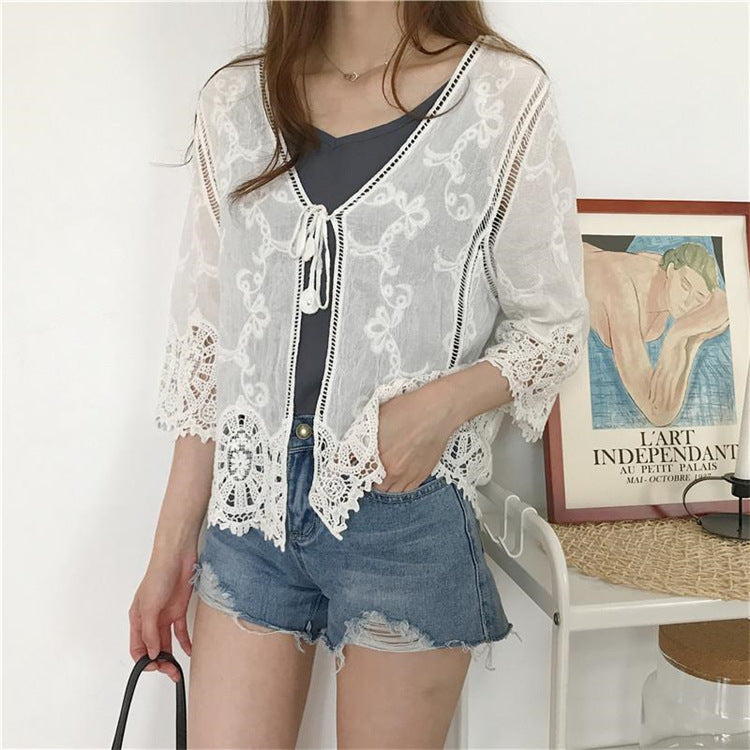 Chaqueta informal de color liso con manga larga bordada y protección solar para mujer