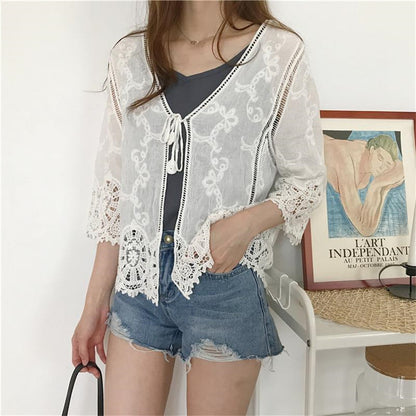 Chaqueta informal de color liso con manga larga bordada y protección solar para mujer