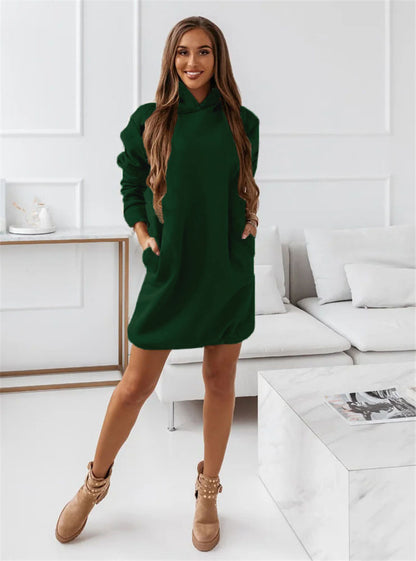 Women Casual Solid Color Long Sleeve Hooded Loose Dress