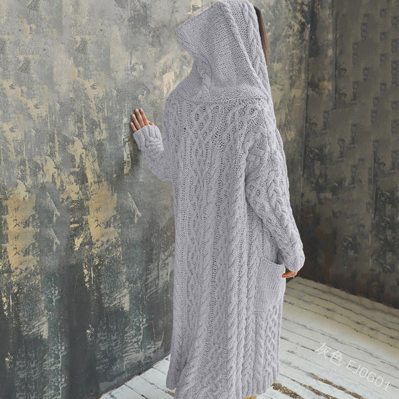 Women Casual Solid Color Long Sleeve Hooded Cardigan Knitted Sweater
