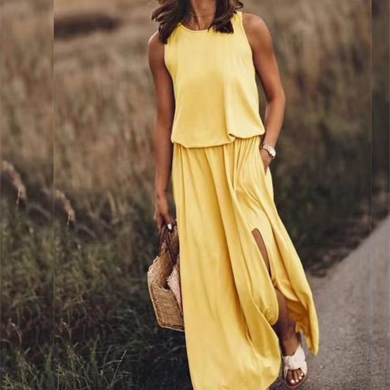 Women Casual Solid Color Sleeveless Side-Slit Maxi Dress