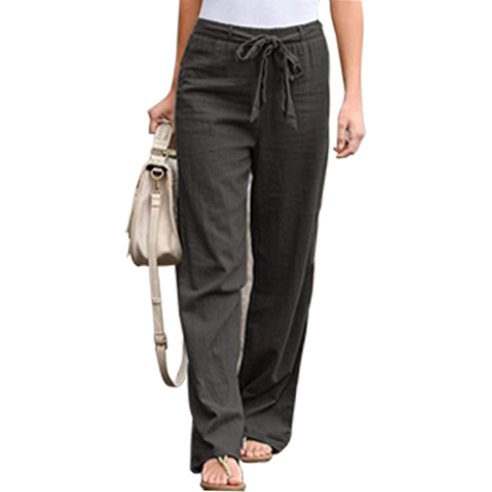 Women Solid Color Linen High Waist Lace Up Wide Leg Casual Pants