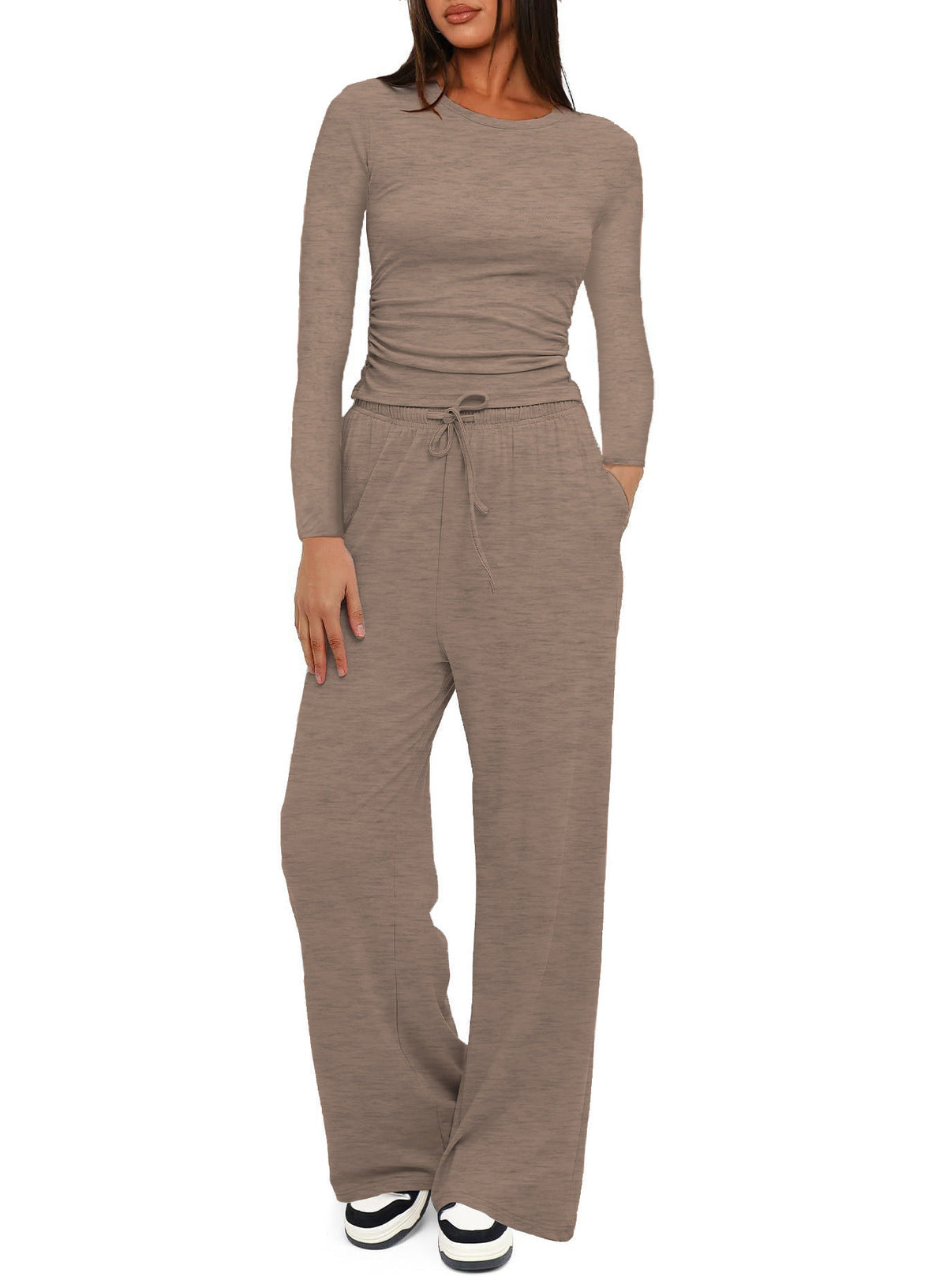 Conjunto de dos piezas formado por camiseta y pantalón de pierna ancha, cintura alta, color liso, informal, sencillo, para mujer