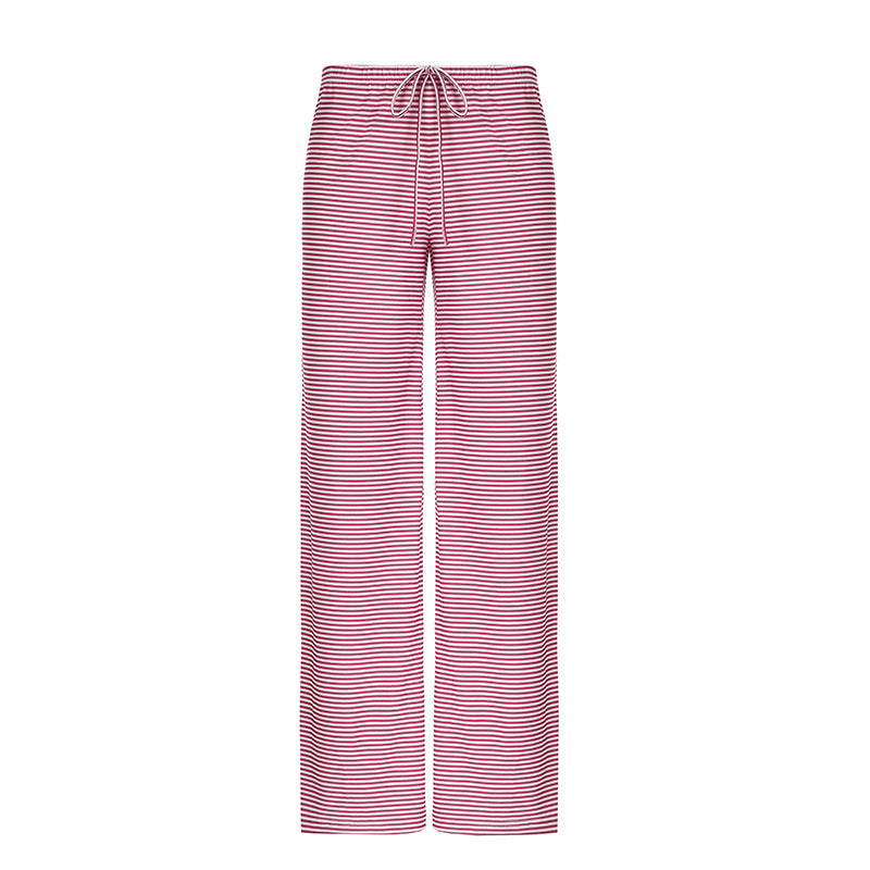 Women Fashion Casual Stripe High-Waist Lace-Up Loose Pants