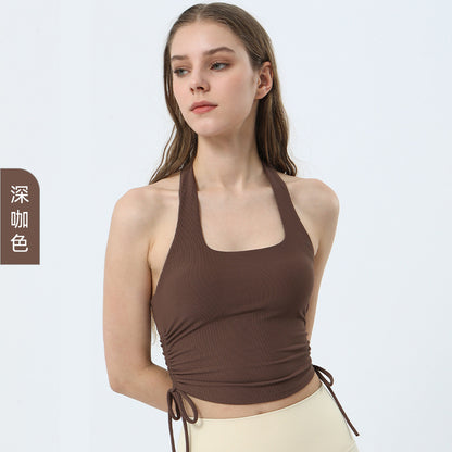 Women Casual Tight Solid Color Halter Neck Sleeveless Backless Drawstring Sports Tank Top