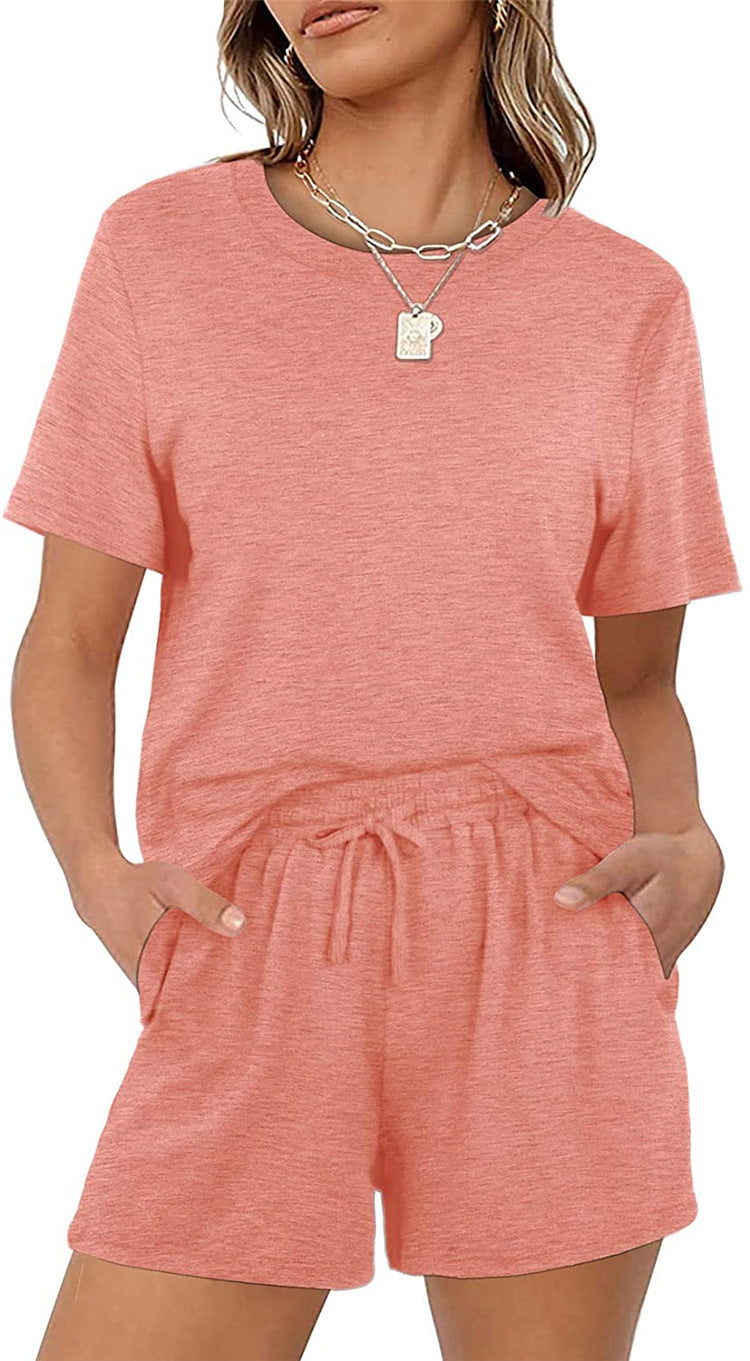 Women Casual Summer Basic Solid Color Short Sleeve T-Shirt Elastic Tie Pocket Shorts Set