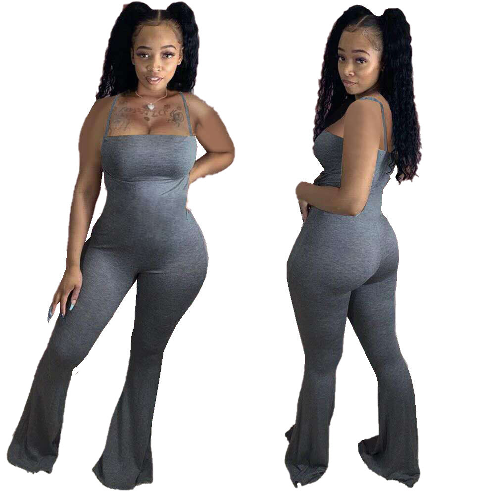 Women Solid Color Sling Skinny Flared Casual Jumpsuit