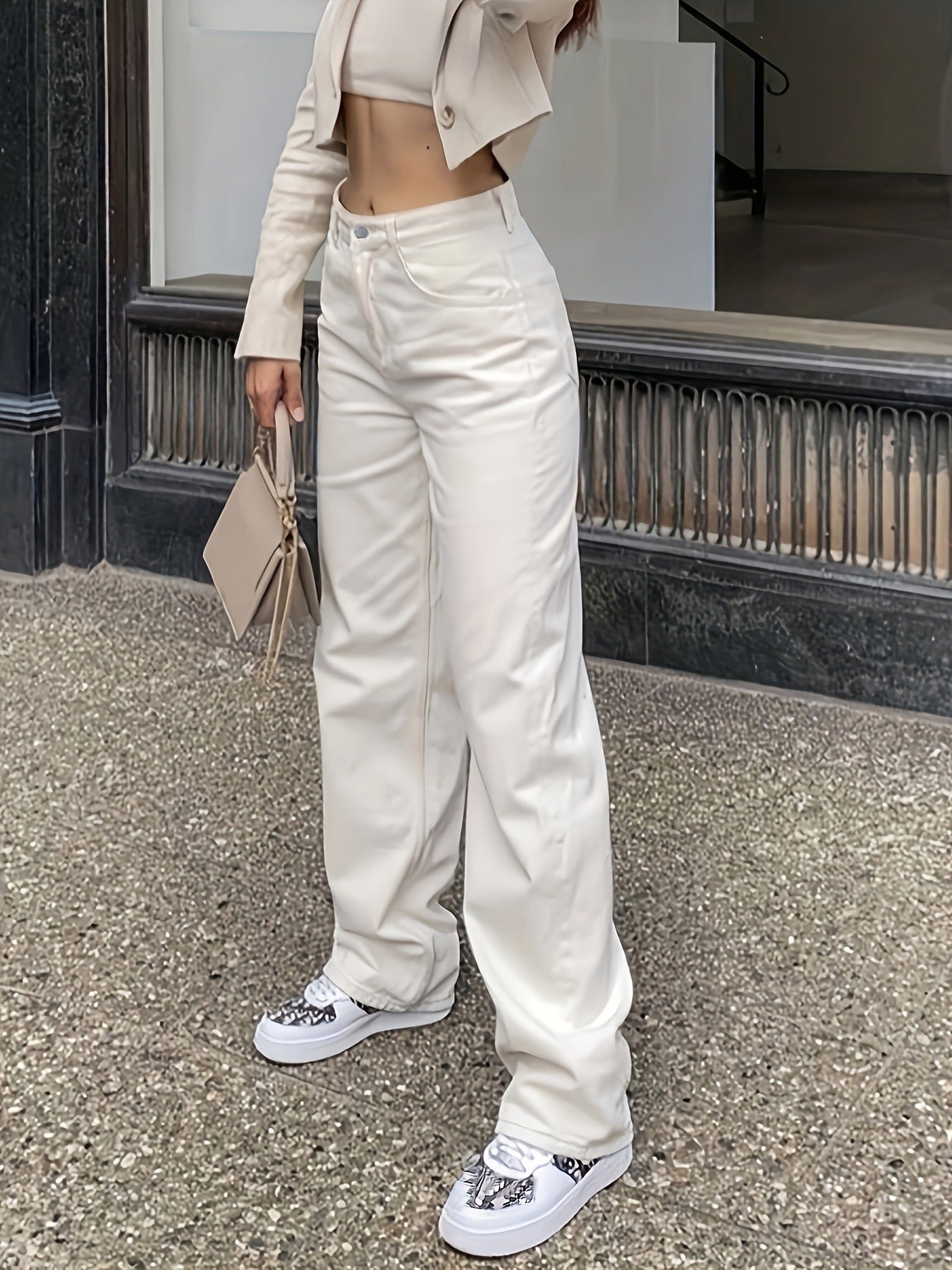 Pantalones rectos de cintura alta, de algodón lavado, vaqueros casuales de cintura baja para mujer